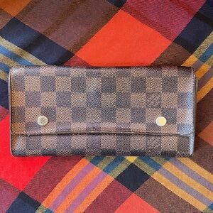 Louis Vuitton Brown Damier Wallet with Double Snap Gold Hardware